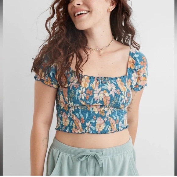 Aerie smocked puff sleeve crop top floral print Sz S Bohemian hippie gypsy - Picture 1 of 9